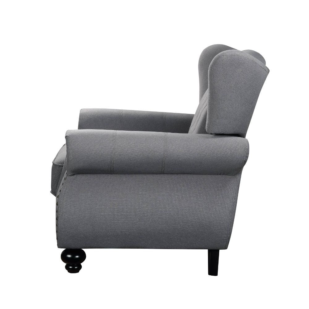 The timeless silhouette of the Hannes sofa collection makes it a great choice for your living area! With classy winged backs accented by buttonless tufting, nailhead trim on the rolled armrests, and wood bun-turned front legs, Hannes combines the best of 