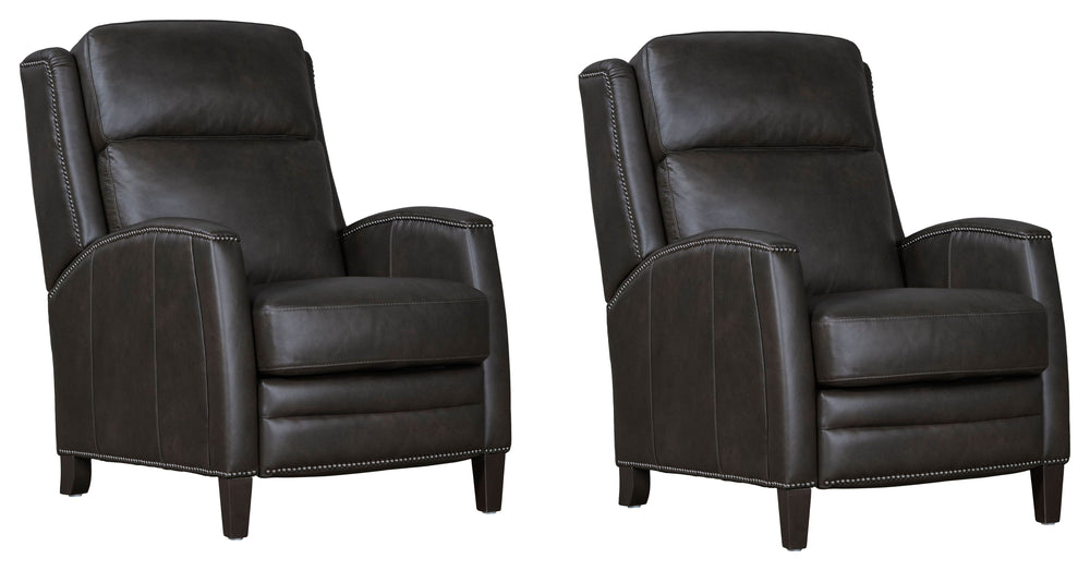 The Vermont power recliner offers a luxurious and effortless power pushback recline feature, allowing you to easily find the most comfortable position for relaxation. It is upholstered in soft leather with custom matching and features decorative nail head
