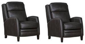 The Vermont power recliner offers a luxurious and effortless power pushback recline feature, allowing you to easily find the most comfortable position for relaxation. It is upholstered in soft leather with custom matching and features decorative nail head