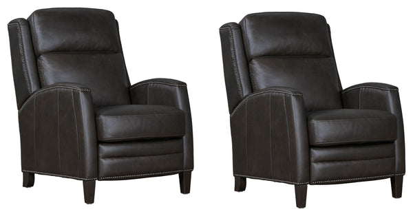 The Vermont power recliner offers a luxurious and effortless power pushback recline feature, allowing you to easily find the most comfortable position for relaxation. It is upholstered in soft leather with custom matching and features decorative nail head
