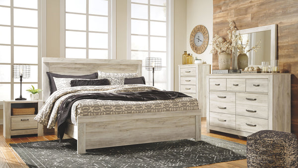 Wispy white finish over replicated Oak grain with authentic touch. Handles in a brushed nickel color finish with black hang up. Slim USB charger located on the back of the night stand tops. Modern styled panel bed. Side roller glides for smooth operating 