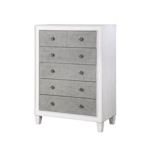 The Katia collection is perfect for creating a modern rustic or farmhouse aesthetic. Merging old and new design features and finishes. The bed features a channel-tufted headboard and footboard in gray linen that pops against the white frame. The case good