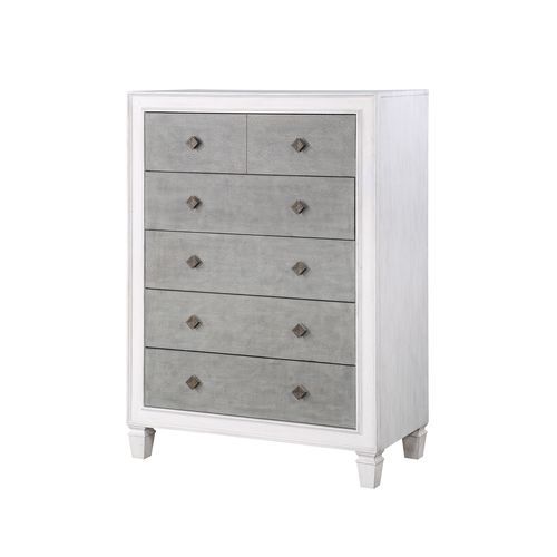 The Katia collection is perfect for creating a modern rustic or farmhouse aesthetic. Merging old and new design features and finishes. The bed features a channel-tufted headboard and footboard in gray linen that pops against the white frame. The case good