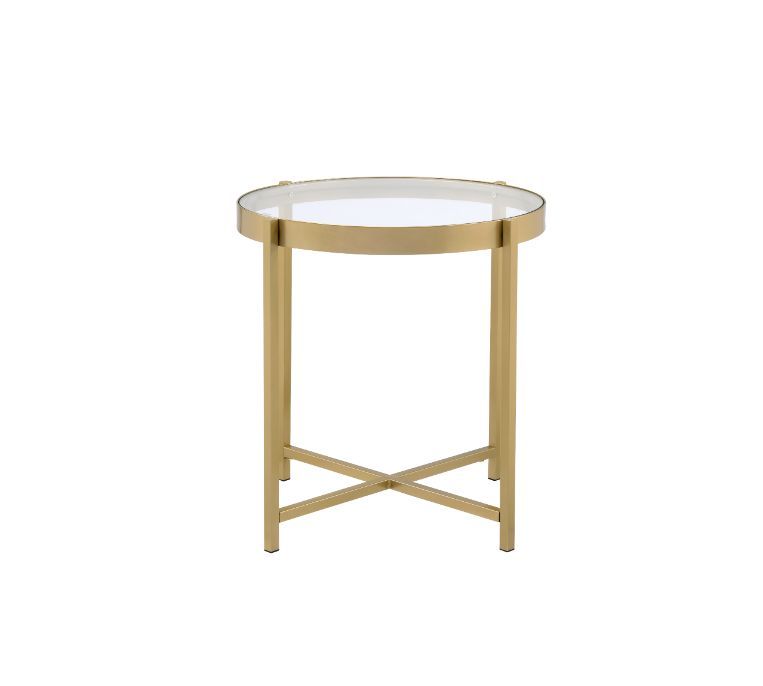 Simple design exhibits a real sense of style. The Charrot End Table has a tempered glass top with round shape design to give you a clean, spacious table top space. The lustrous gold finish showcases it-'s cross metal base and metal trim for a clean-lined,