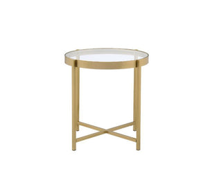  spacious table top space. The lustrous gold finish showcases it-'s cross metal base and metal trim for a clean-lined