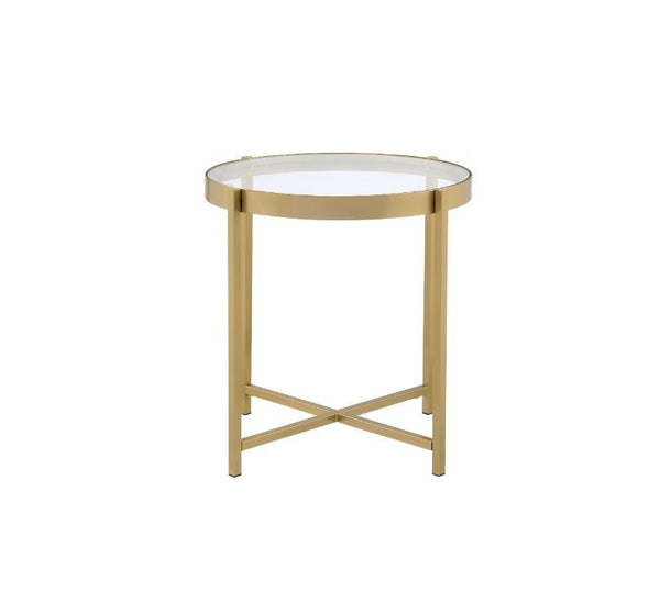  spacious table top space. The lustrous gold finish showcases it-'s cross metal base and metal trim for a clean-lined