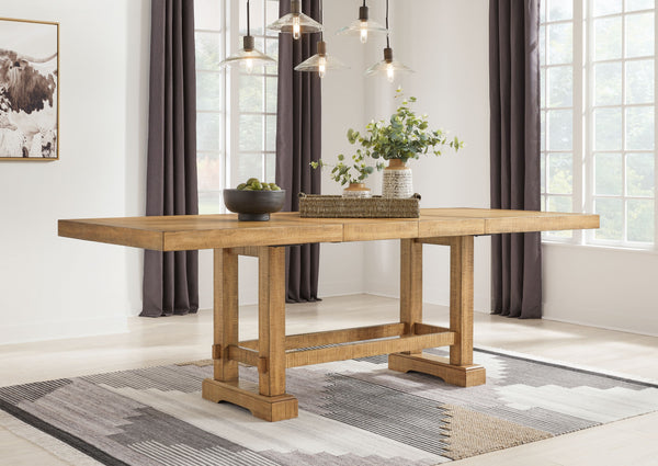 distressed Pine veneers and MDF substrates. Distressed light brown Pine finish. Counterheight extension table with two center leaves