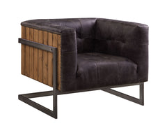 Sagat is a striking update to the traditional club chair. Wooden plank panels with an old pine finish wraps around the outer backrest and arms of the top grain leather upholstered chair. Featuring tufting on the tight back and seat cushions, as well as th
