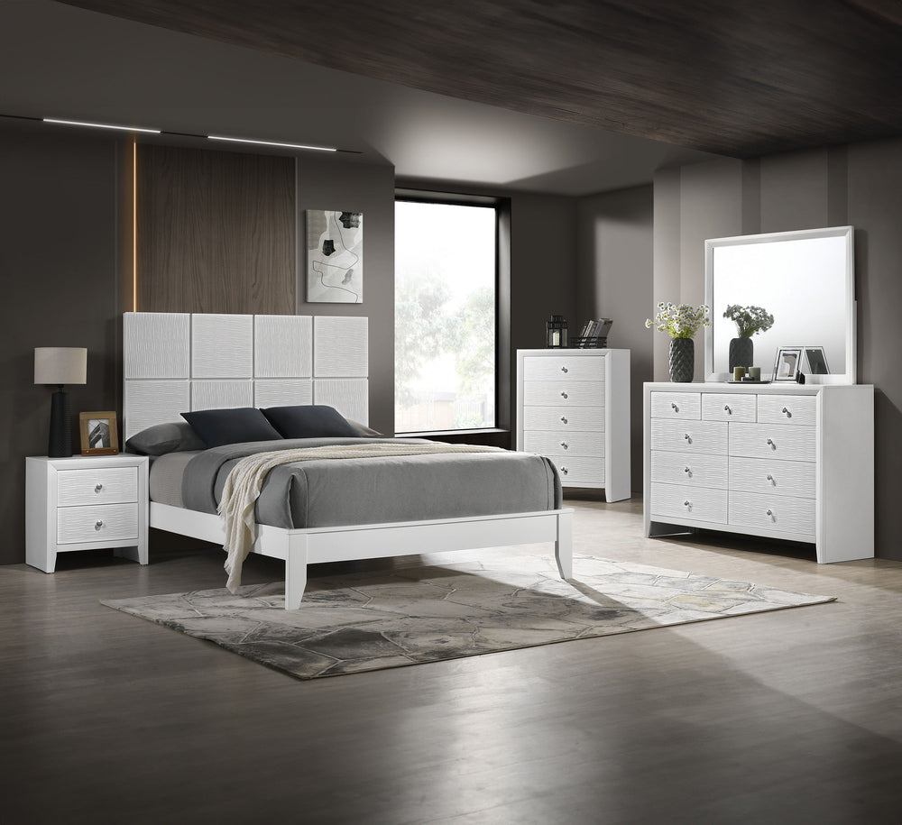 This bedroom collection is the embodiment of sleek, contemporary design, characterized by its crisp white finish and distinctive textured front panels. The centerpiece, a chic bed with a statement headboard, features geometric paneling that adds depth and