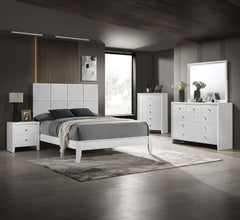 This bedroom collection is the embodiment of sleek, contemporary design, characterized by its crisp white finish and distinctive textured front panels. The centerpiece, a chic bed with a statement headboard, features geometric paneling that adds depth and