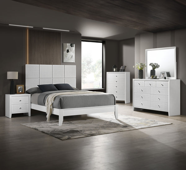 This bedroom collection is the embodiment of sleek, contemporary design, characterized by its crisp white finish and distinctive textured front panels. The centerpiece, a chic bed with a statement headboard, features geometric paneling that adds depth and