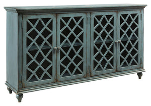 Put your love of shabby chic style on display with this wonderfully versatile cabinet. Adding to the charm of its distressed vintage paint finish: glass-inlay doors with a â€œfree formâ€ lattice design thatâ€™s delightfully different. Adjustable shelved 