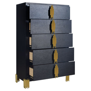  this chest exudes contemporary elegance. Its gleaming gold tiered drawer pulls and feet