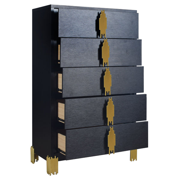  this chest exudes contemporary elegance. Its gleaming gold tiered drawer pulls and feet