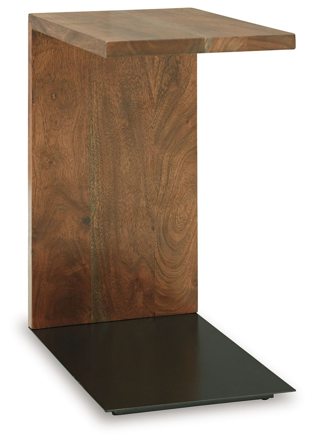 Sleek form, superior function. The C-shaped design of this accent table lends a clean-lined, contemporary feel while providing handy versatility. The table slides over an ottoman or cushion, providing an instant surface for movie night snacks and beverage