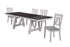 The Maisie 5 Piece Wood Dining Set combines quality construction with modern rustic style, making it a perfect addition to any dining space. This set includes a two-tone dining table with self-storing leaves and four dining chairs. Crafted from solid rubb