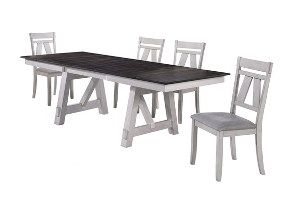The Maisie 5 Piece Wood Dining Set combines quality construction with modern rustic style, making it a perfect addition to any dining space. This set includes a two-tone dining table with self-storing leaves and four dining chairs. Crafted from solid rubb