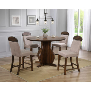  this counter height dining set provides a comfortable place to share a meal. An X-shaped pedestal base supports the round wooden table top. Matching counter height chairs ar