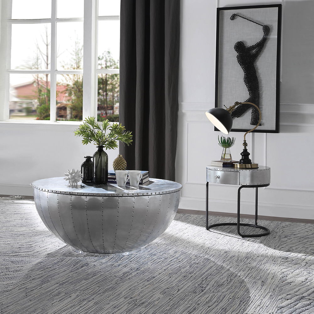 Assambled, Drum End Table Storage: 1 Drawer () Patchwork Aluminum Top/Drawer Metal Round Frame (Open) CONSTRUCTION Patchwork Aluminum Top/Drawer: Aluminum, Frame: Ply Metal Frame Base: Iron (Size 16-"H)<br/><br/><b>Product Features</b><ul><li>Case: 1Pc/1C