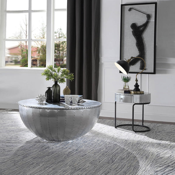  Drum End Table Storage: 1 Drawer () Patchwork Aluminum Top/Drawer Metal Round Frame (Open) CONSTRUCTION Patchwork Aluminum Top/Drawer: Aluminum