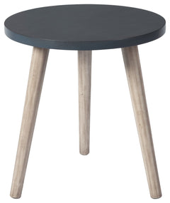 This small side table has a blue circular top and three light tan wooden legs. It-'s ideal as a bedside table or lamp table in your living areas, bringing casual elegance to your home.<br/><br/><b>Product Features</b><ul><li>Wood, veneer and engineered wo