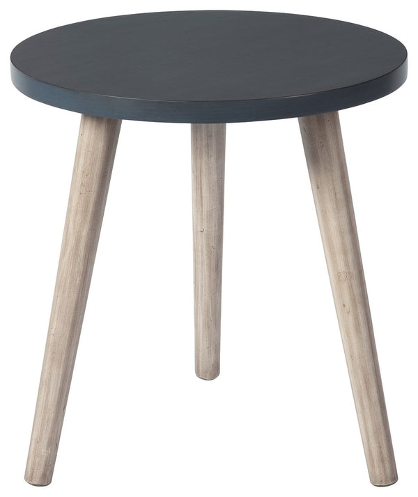 This small side table has a blue circular top and three light tan wooden legs. It-'s ideal as a bedside table or lamp table in your living areas, bringing casual elegance to your home.<br/><br/><b>Product Features</b><ul><li>Wood, veneer and engineered wo