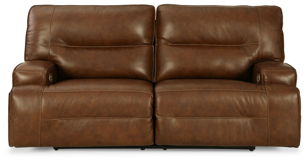 Master statement-making contemporary comfort with this power reclining sofa. It displays a striking yet streamlined profile, with expertly matched leather and faux leather upholstery in an auburn hue balancing natural beauty and refined design. Adjustable
