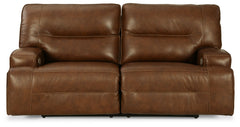 Master statement-making contemporary comfort with this power reclining sofa. It displays a striking yet streamlined profile, with expertly matched leather and faux leather upholstery in an auburn hue balancing natural beauty and refined design. Adjustable