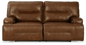Master statement-making contemporary comfort with this power reclining sofa. It displays a striking yet streamlined profile, with expertly matched leather and faux leather upholstery in an auburn hue balancing natural beauty and refined design. Adjustable