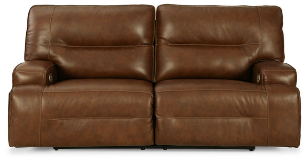 Master statement-making contemporary comfort with this power reclining sofa. It displays a striking yet streamlined profile, with expertly matched leather and faux leather upholstery in an auburn hue balancing natural beauty and refined design. Adjustable