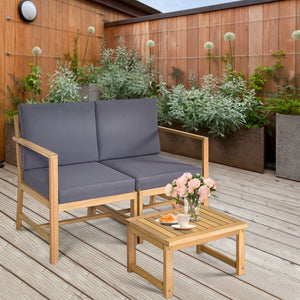 Are you in search of an outdoor furniture set to enjoy leisure time with your family and friends? This functional loveseat is the answer for you then. Â  Made of premium acacia wood  this set is sturdy and durable. Itâ€™s shipped with a thick seat and bac