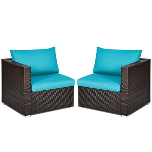 Power coated and solid steel frame adds sturdiness and durability<br>Tight and hand-woven rattan to withstand change of weather<br>2 of the corner sofas can be used separately<br>Aluminum foot pads protect bottom rattan from scratching<br>Wide armrest for