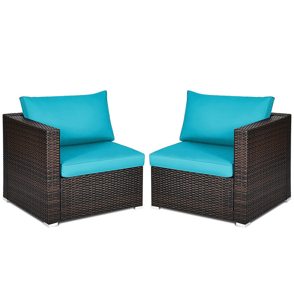 Power coated and solid steel frame adds sturdiness and durability<br>Tight and hand-woven rattan to withstand change of weather<br>2 of the corner sofas can be used separately<br>Aluminum foot pads protect bottom rattan from scratching<br>Wide armrest for