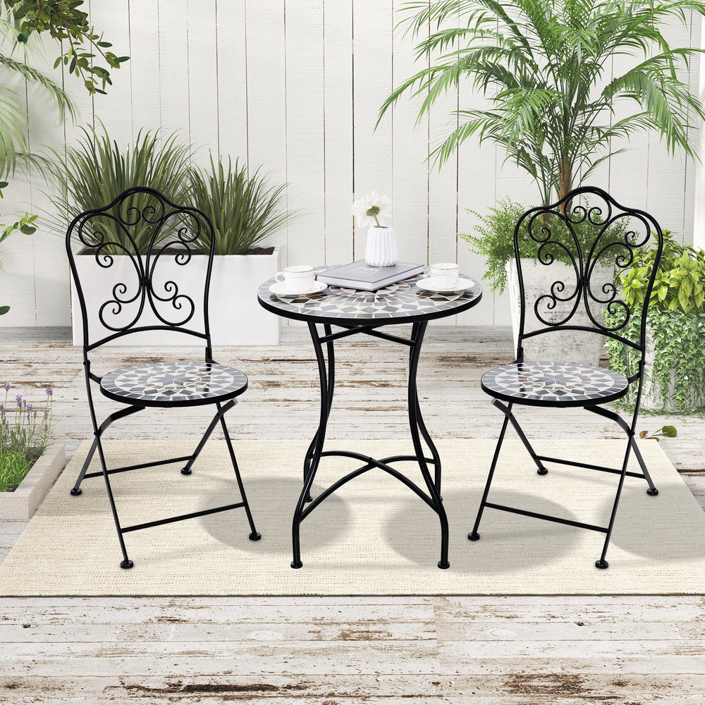 24 inch tabletop suits for 2 people to relax <br>Heavy-duty metal frame for high stability <br>Anti-slip and widened footpads improve the stability <br>X-shaped design strengthens the overall structure <br>Appealing mosaic design makes the bistro table ey