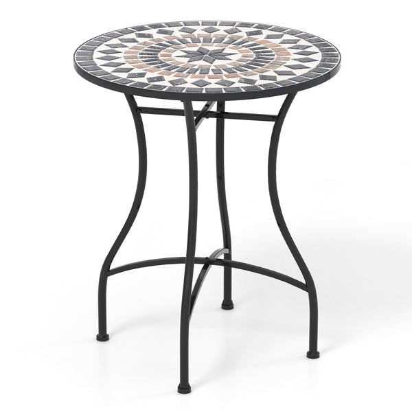 24 inch tabletop suits for 2 people to relax <br>Heavy-duty metal frame for high stability <br>Anti-slip and widened footpads improve the stability <br>X-shaped design strengthens the overall structure <br>Appealing mosaic design makes the bistro table ey