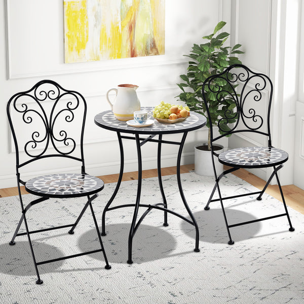 24 inch tabletop suits for 2 people to relax <br>Heavy-duty metal frame for high stability <br>Anti-slip and widened footpads improve the stability <br>X-shaped design strengthens the overall structure <br>Appealing mosaic design makes the bistro table ey