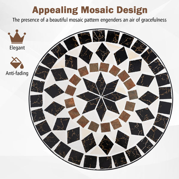 24 inch tabletop suits for 2 people to relax <br>Heavy-duty metal frame for high stability <br>Anti-slip and widened footpads improve the stability <br>X-shaped design strengthens the overall structure <br>Appealing mosaic design makes the bistro table ey