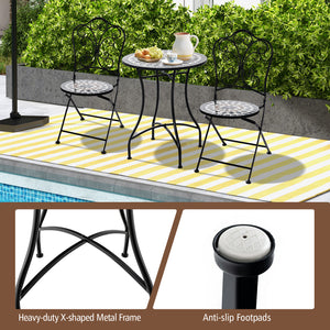 24 inch tabletop suits for 2 people to relax <br>Heavy-duty metal frame for high stability <br>Anti-slip and widened footpads improve the stability <br>X-shaped design strengthens the overall structure <br>Appealing mosaic design makes the bistro table ey