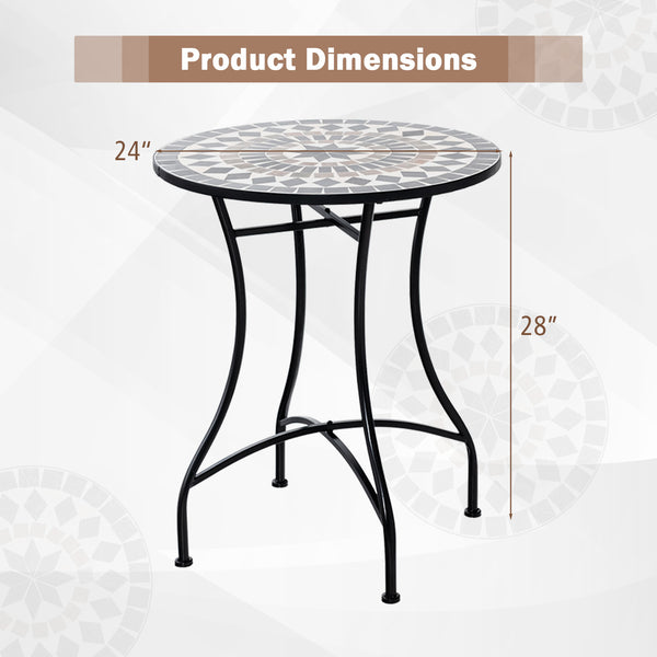 24 inch tabletop suits for 2 people to relax <br>Heavy-duty metal frame for high stability <br>Anti-slip and widened footpads improve the stability <br>X-shaped design strengthens the overall structure <br>Appealing mosaic design makes the bistro table ey