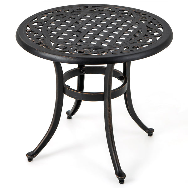 Premium rustproof cast aluminum construction<br>Lightweight and easy to carry<br>Reinforced retaining ring for added stability<br>Adjustable footpads make the table stand stably<br>Eye-catching retro design with elegant patterns<br>Antique brown finish fo