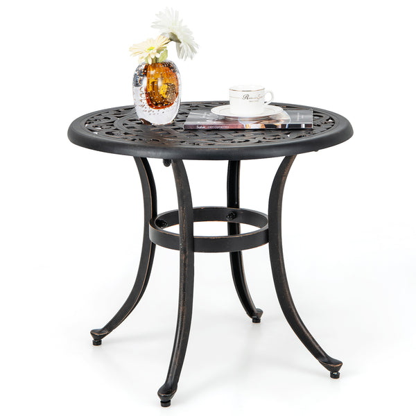 Premium rustproof cast aluminum construction<br>Lightweight and easy to carry<br>Reinforced retaining ring for added stability<br>Adjustable footpads make the table stand stably<br>Eye-catching retro design with elegant patterns<br>Antique brown finish fo
