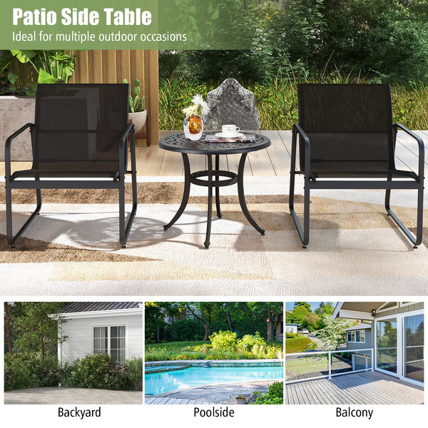 Premium rustproof cast aluminum construction<br>Lightweight and easy to carry<br>Reinforced retaining ring for added stability<br>Adjustable footpads make the table stand stably<br>Eye-catching retro design with elegant patterns<br>Antique brown finish fo