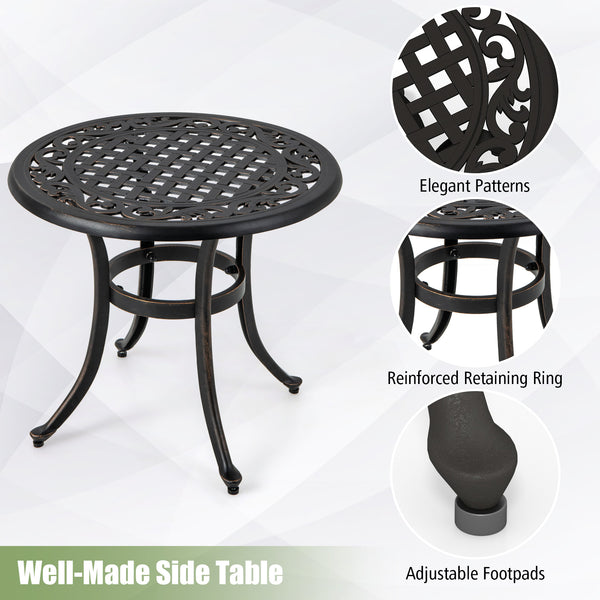 Premium rustproof cast aluminum construction<br>Lightweight and easy to carry<br>Reinforced retaining ring for added stability<br>Adjustable footpads make the table stand stably<br>Eye-catching retro design with elegant patterns<br>Antique brown finish fo