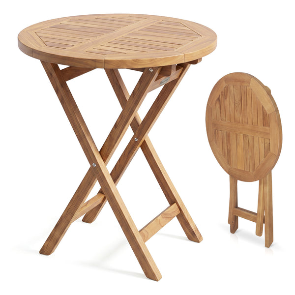 Natural teak elegance for warm tone and high stability<br>The tabletop maintains a smooth touch with splinter-free surface<br>A compact 24" diameter offers space-saving utility for small space<br>A stable X-brace frame is engineered for maximum rigidity t