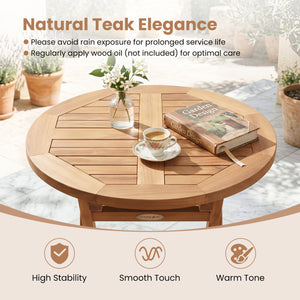 Natural teak elegance for warm tone and high stability<br>The tabletop maintains a smooth touch with splinter-free surface<br>A compact 24" diameter offers space-saving utility for small space<br>A stable X-brace frame is engineered for maximum rigidity t