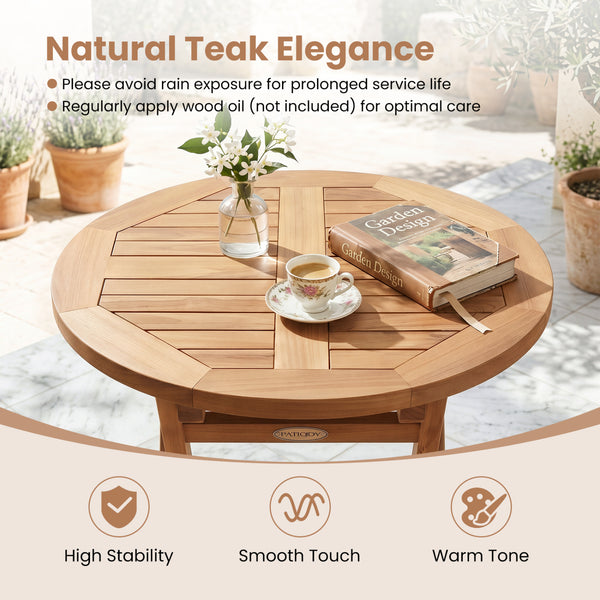 Natural teak elegance for warm tone and high stability<br>The tabletop maintains a smooth touch with splinter-free surface<br>A compact 24" diameter offers space-saving utility for small space<br>A stable X-brace frame is engineered for maximum rigidity t