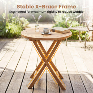 Natural teak elegance for warm tone and high stability<br>The tabletop maintains a smooth touch with splinter-free surface<br>A compact 24" diameter offers space-saving utility for small space<br>A stable X-brace frame is engineered for maximum rigidity t