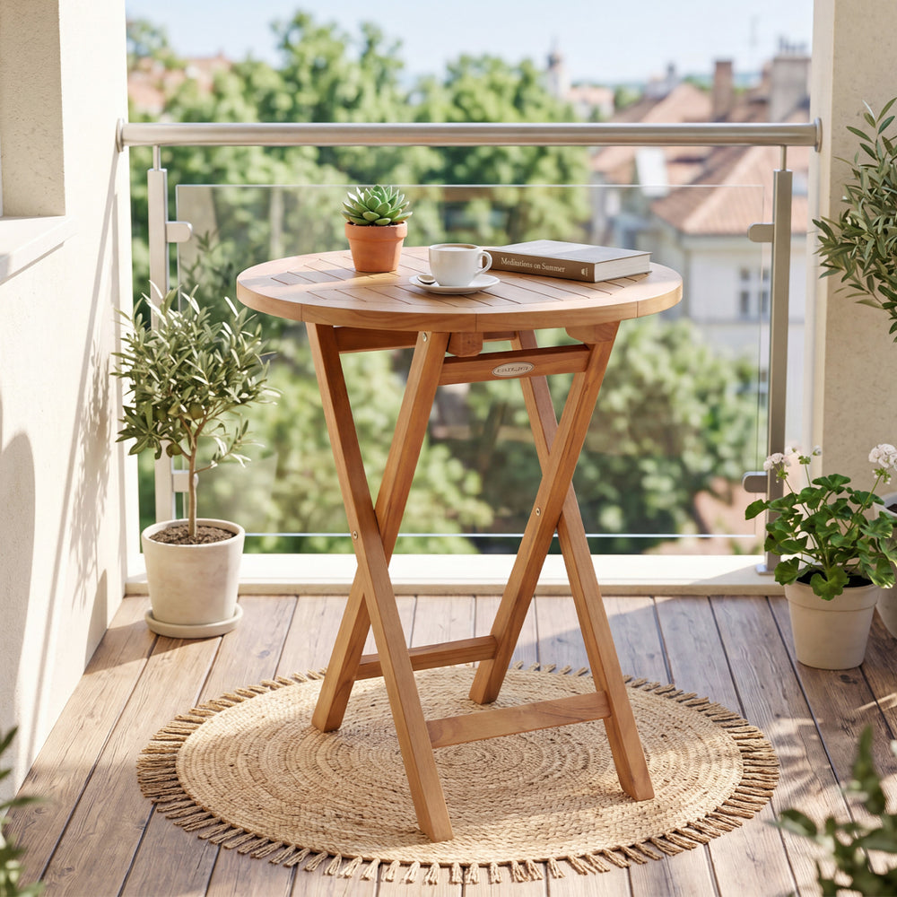 Natural teak elegance for warm tone and high stability<br>The tabletop maintains a smooth touch with splinter-free surface<br>A compact 24" diameter offers space-saving utility for small space<br>A stable X-brace frame is engineered for maximum rigidity t