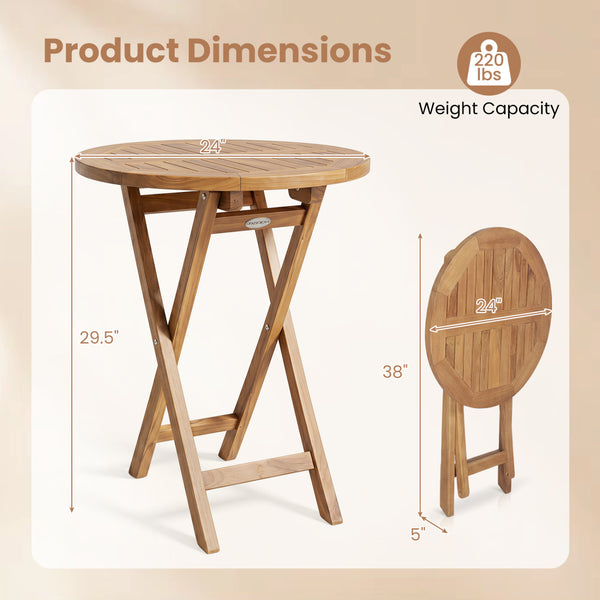 Natural teak elegance for warm tone and high stability<br>The tabletop maintains a smooth touch with splinter-free surface<br>A compact 24" diameter offers space-saving utility for small space<br>A stable X-brace frame is engineered for maximum rigidity t