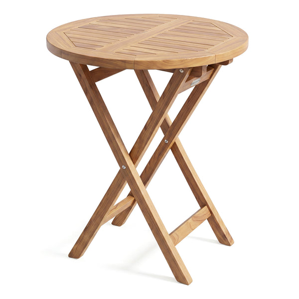Natural teak elegance for warm tone and high stability<br>The tabletop maintains a smooth touch with splinter-free surface<br>A compact 24" diameter offers space-saving utility for small space<br>A stable X-brace frame is engineered for maximum rigidity t